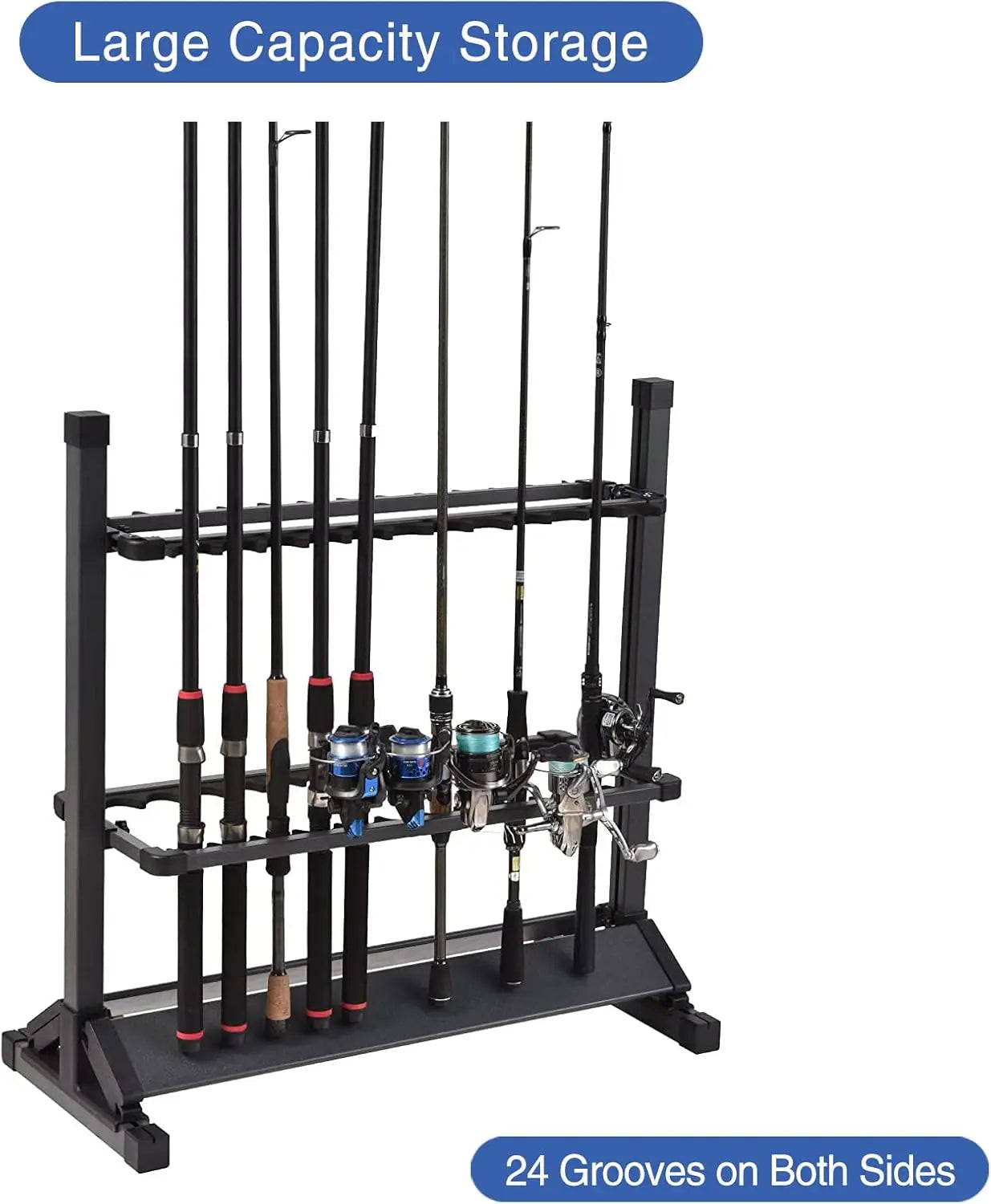 Portable Aluminum Fishing Rod Holder Rack, Holds Up to 24 Rods, Modern Matte Black Design