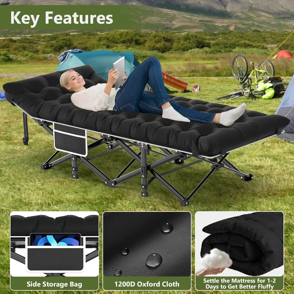 Slendor Camping Cot, Folding for Adults, Portable Sleeping Cot with Carry Bag, 1200D Oxford, Support 500lbs, Black
