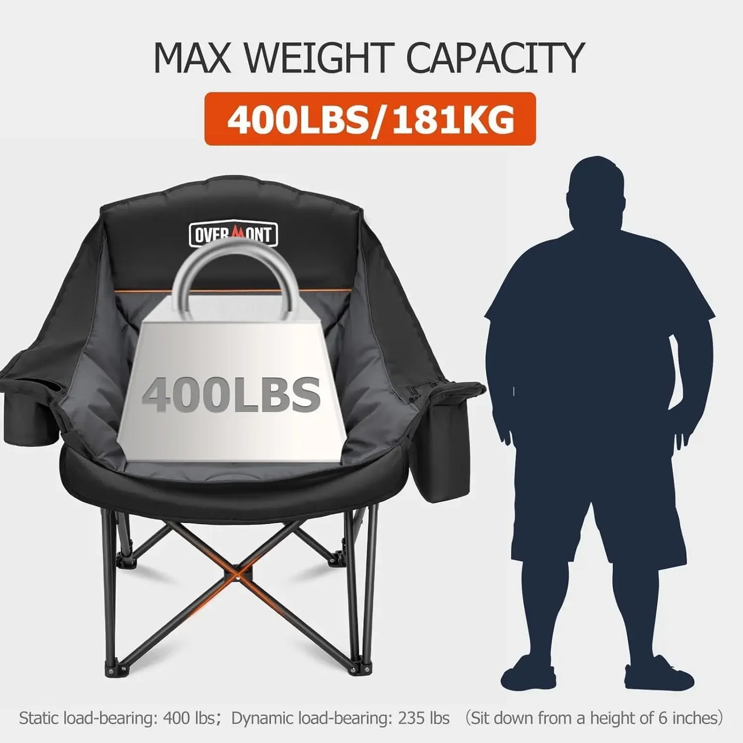 Oversized XL Camping Chair for Adults - 400lbs Support Heavy-Duty Padded Folding Chair with Side Pocket Cup Holder Cooling Bag f