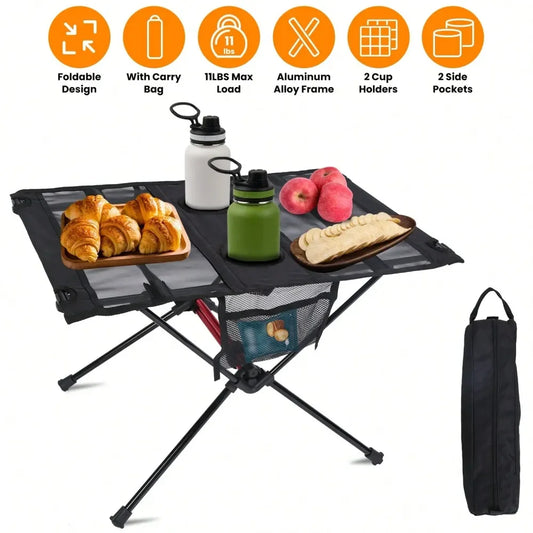 Folding Camping Table Foldable Beach Table Aluminum Alloy Frame With 2 Cup Holders 2 Side Pockets Carry Bag For Picnic Camping