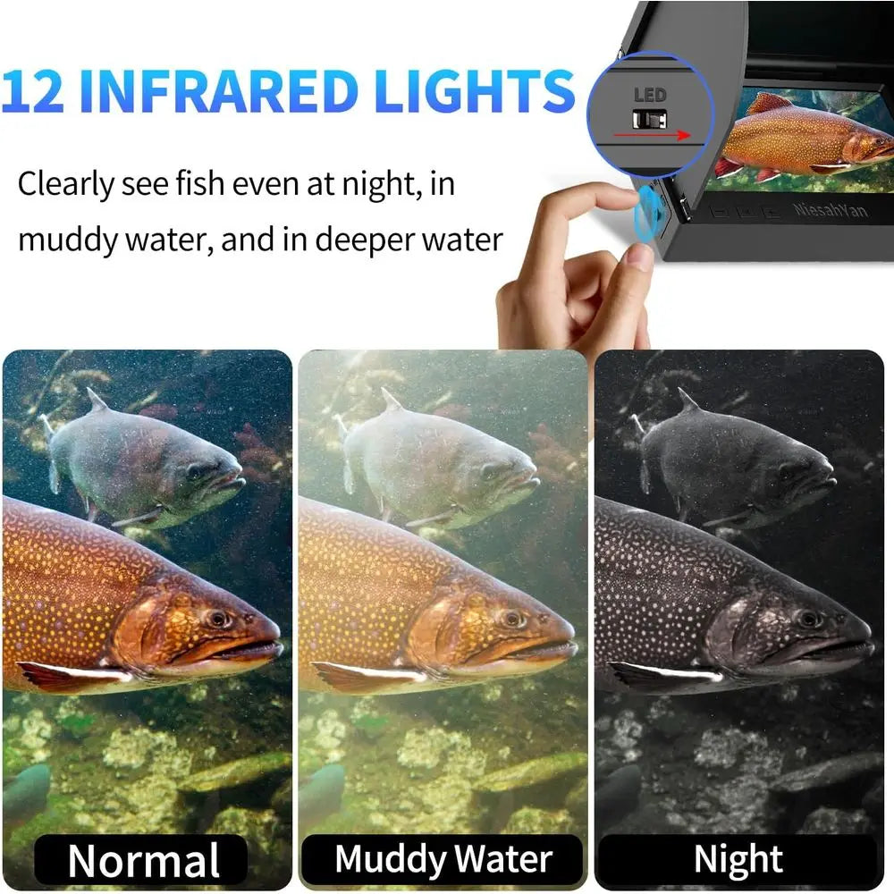 1080P HD Underwater Fishing Cam with 12 IR Lights, 8000mAh Battery, Waterproof Fish Finder, 100ft Cable