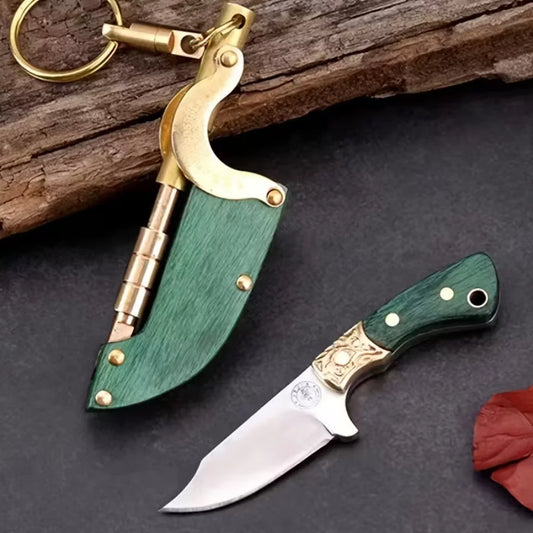 Mini Folding Knife Keychain Portable Pocket Knife Green Wood Handle Brass Decor EDC Tool for Outdoor Camping Survival