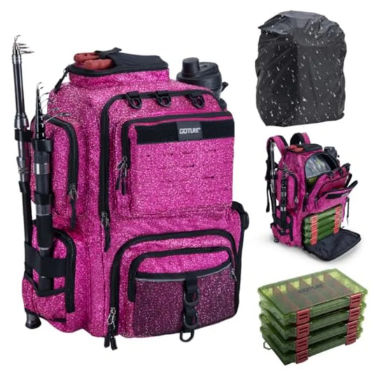 Fishing Backpack with 4 Tackle Boxes 900D Water-Resistant 45L Large Storage Tackle Bag with Rod Holders Rain Cover Bottl