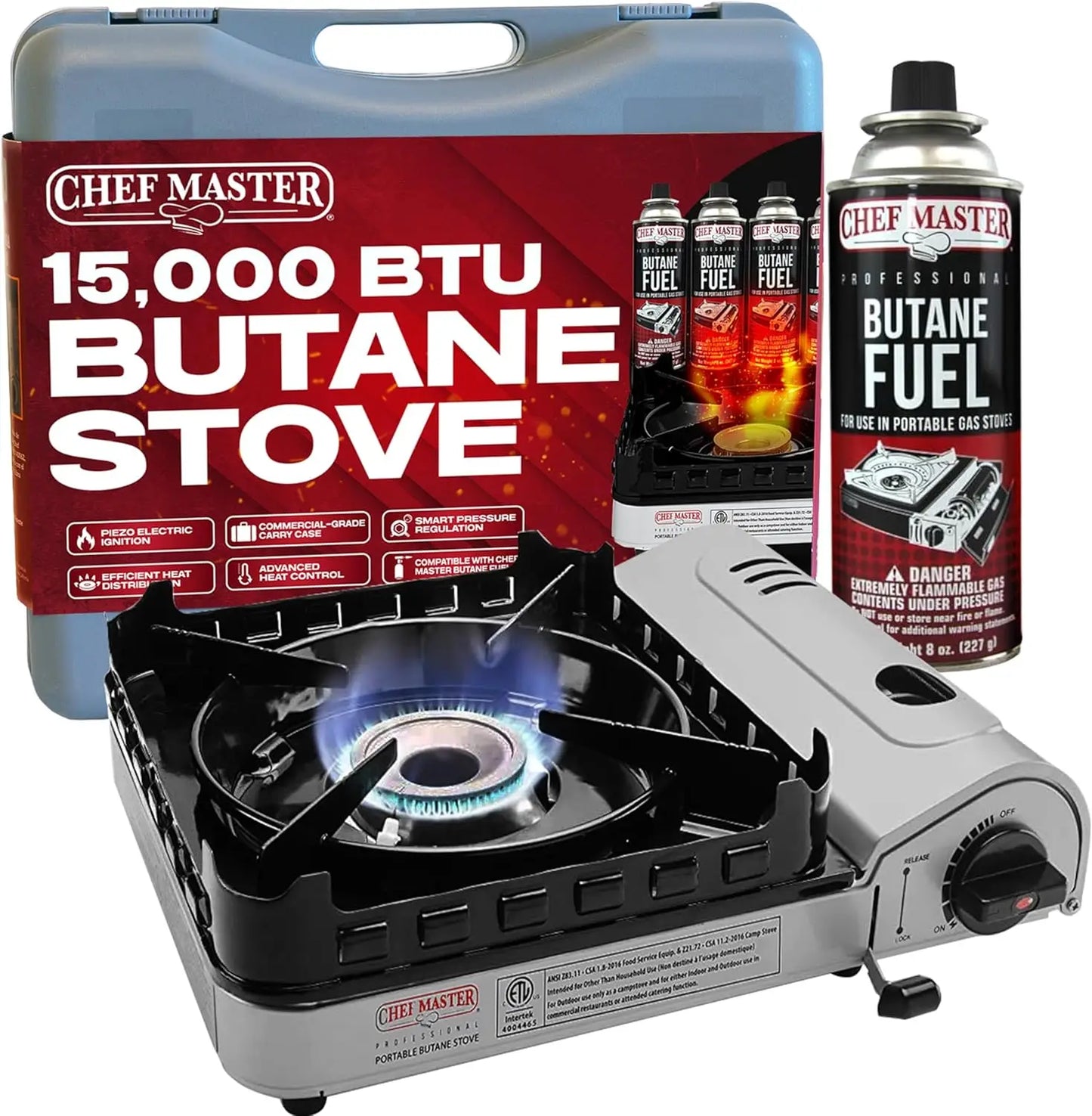 15,000 Butane Portable Camp Stove | Double Wind-Guard Portable Stove Burner w/Piezo Click Ignition