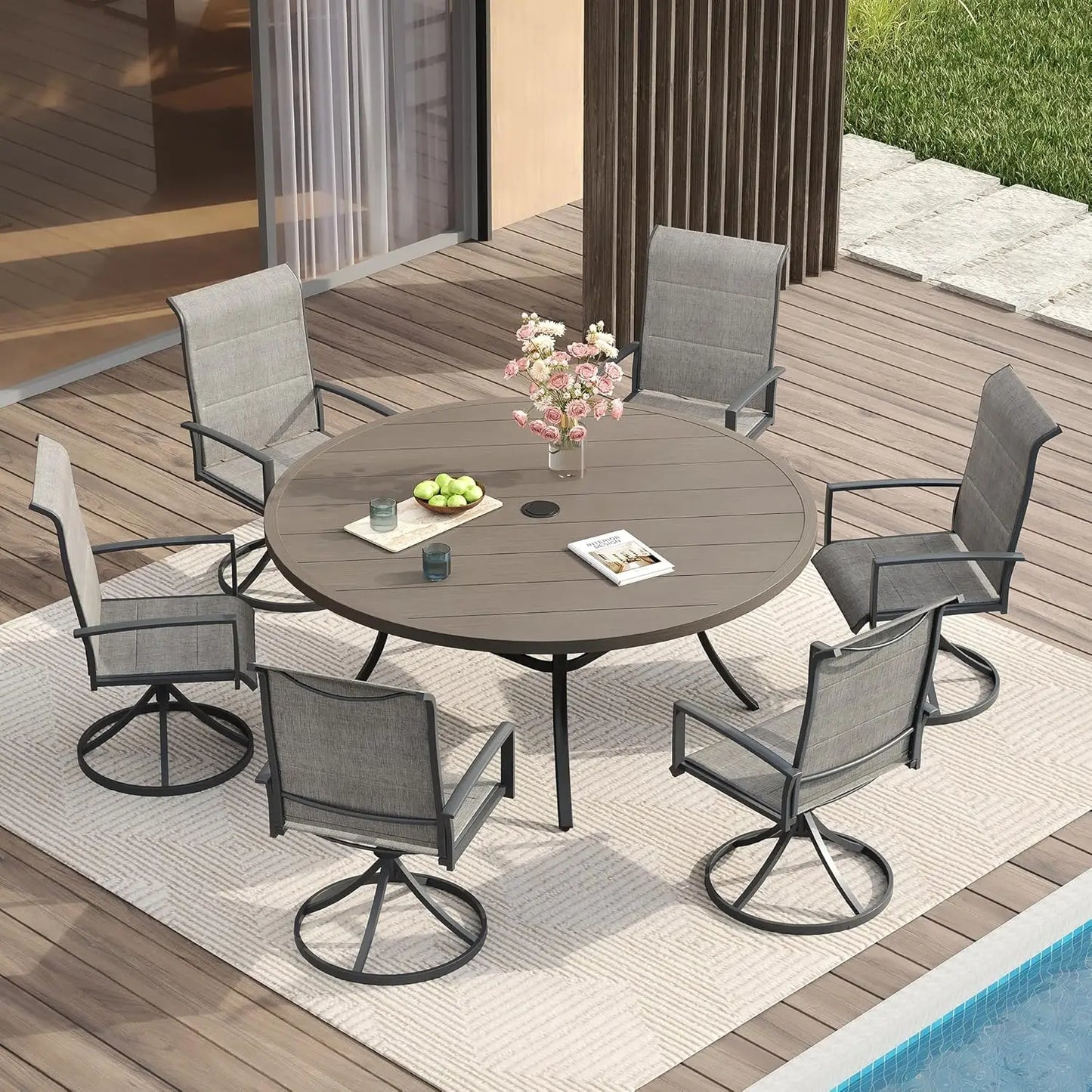 7 Pieces Patio Dining Set for 6-Outdoor Furniture Includes 53" Round Outdoor Table and Swivel Padded Chairs,, Customized