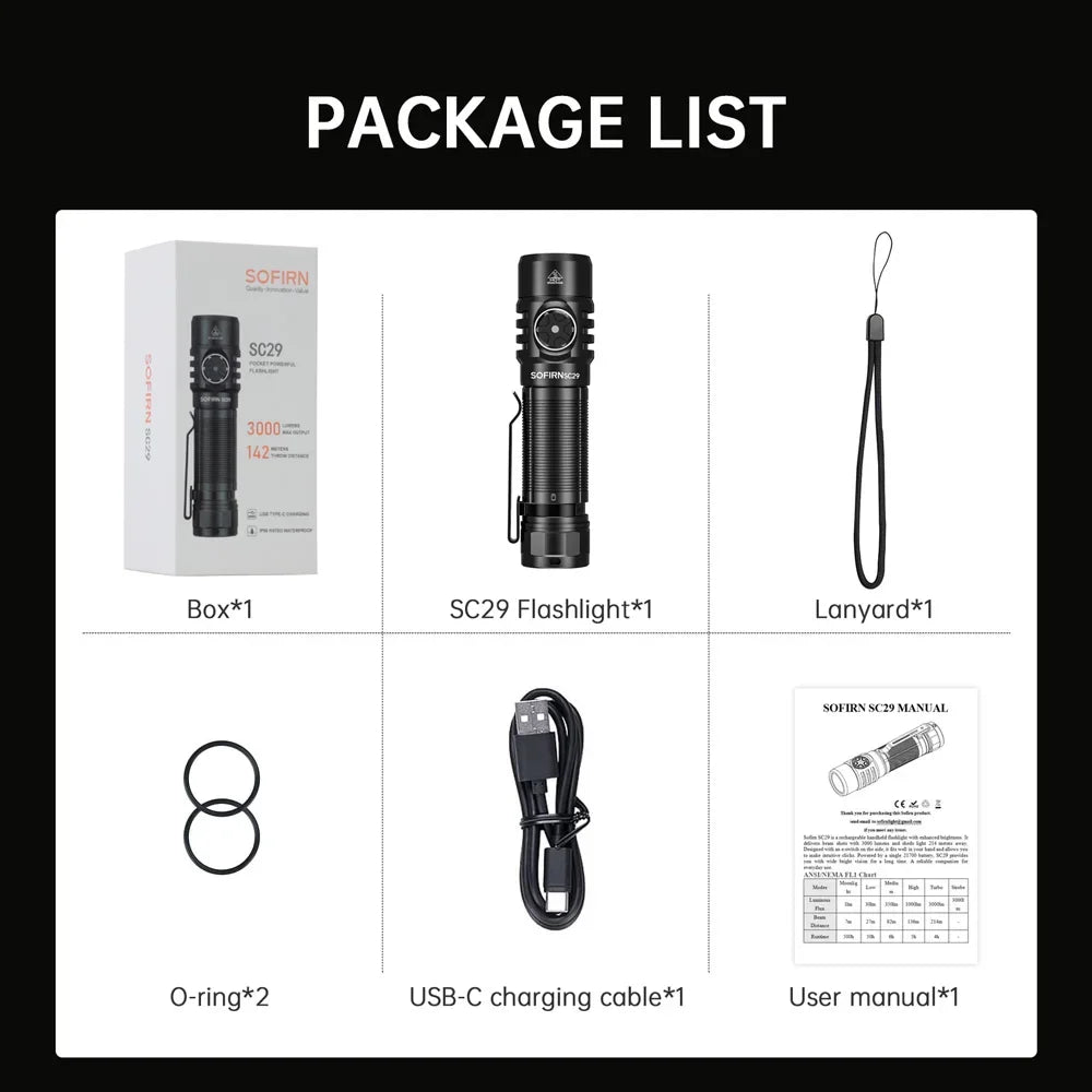 Sofirn SC29 3000 Lumens EDC Flashlight Rechargeable  XHP50B LED Powerful  21700 Torch Light Lantern IPX8 for Camping Fishing