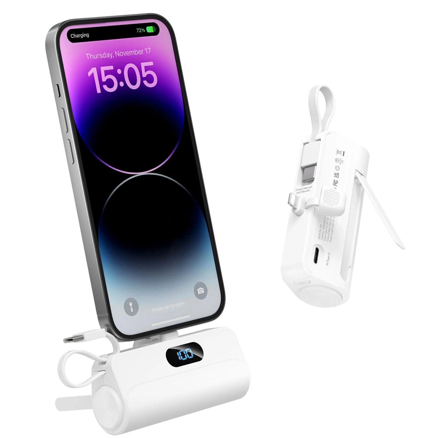Battery Pack Mini Portable Charger 5000mAh PowerBank,Built-in ioS Interface & USB-C Cable Cell PhonePortable Power, LED Display
