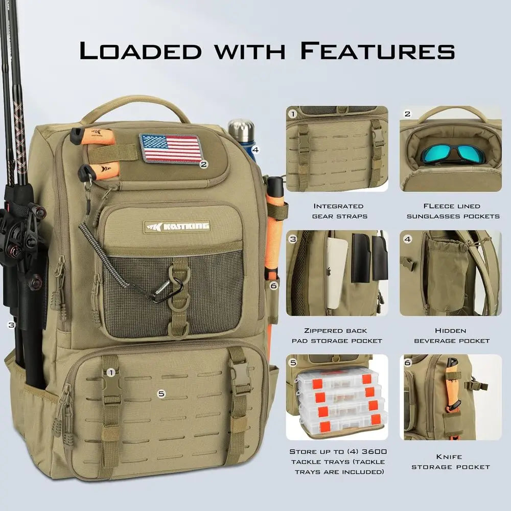 Tackle Backpack with Rod Holder, 4 Tackle Boxes, 40/26L Storage for Fishing Gear and Equipment