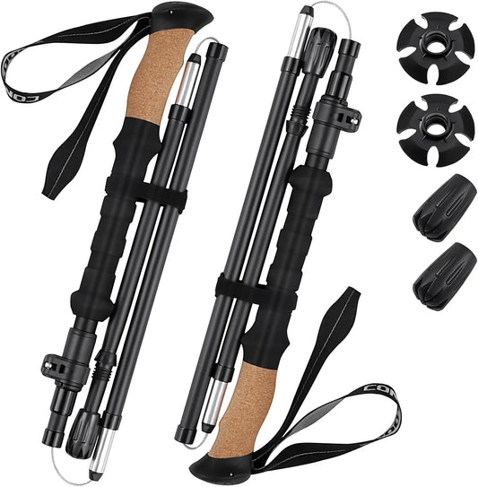 2Pcs Adjustable Cork Grip Trekking Poles, Lightweight Folding Hiking Poles with Metal Flip Lock, Aircraft-Grade Aluminum for Hik