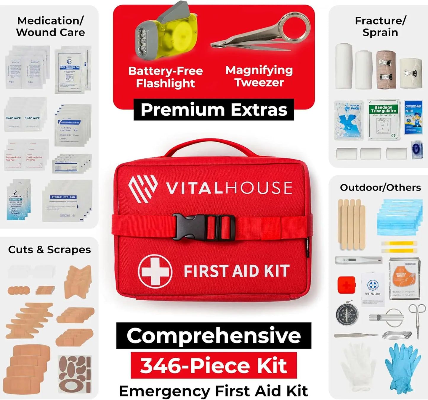 346-Piece Emergency First Aid Kit with Tourniquet, Steri-Strips & Waterproof Bag for Home, Car, Travel
