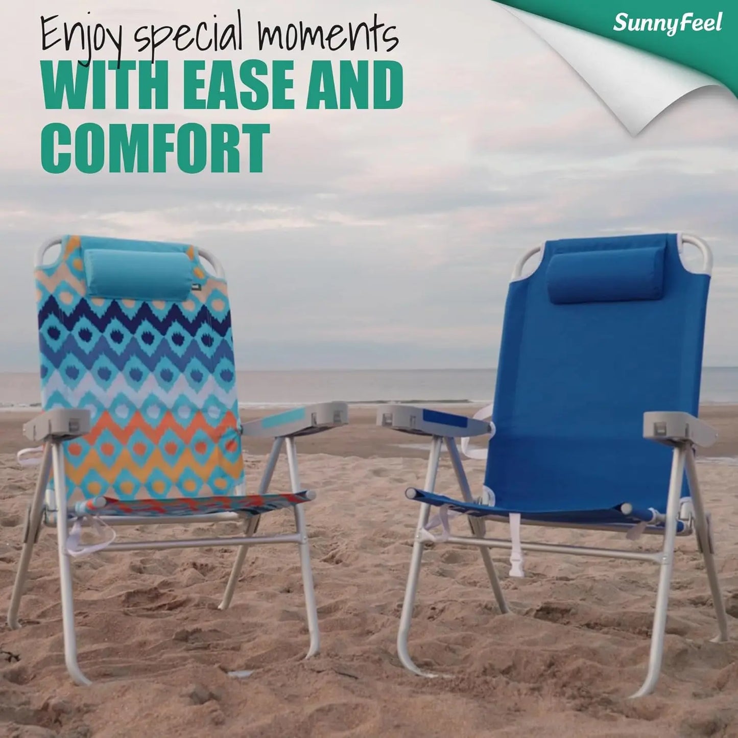 17" Tall Oversized Beach Chairs 2 Pack for Adults Heavy Duty 500 LBS, 5 Position, Portable High Folding Camping Chair with Cup H