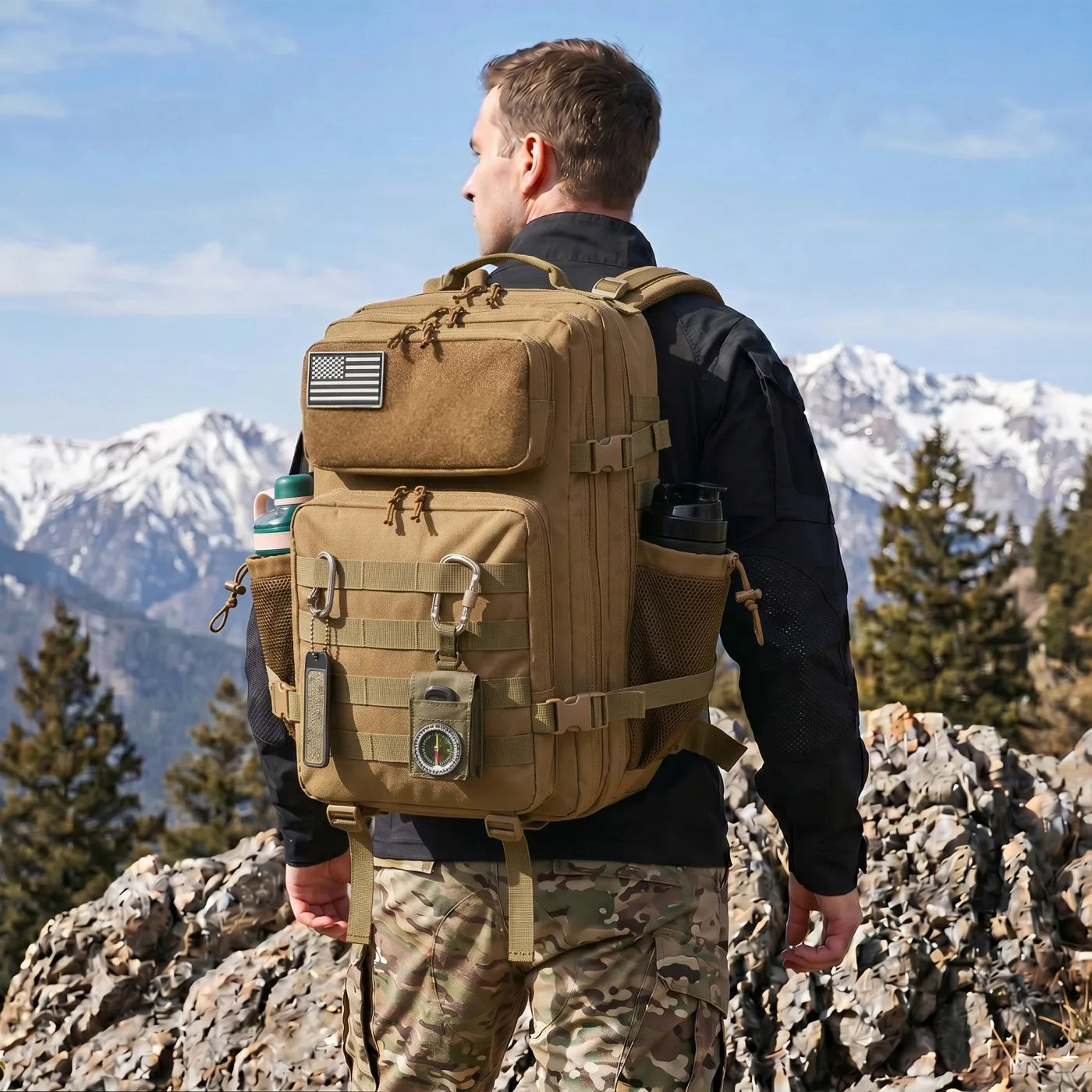45L Large Capacity Tactical Fishing Backpack Angling Rucksack with Dual Water Bottle Cup Holders Outdoor Camping Fishing Tackle Storage Backpack for Sea Fishing Bank Fishing Hiking Trekking Travel Sports EDC Daily Carry Outdo