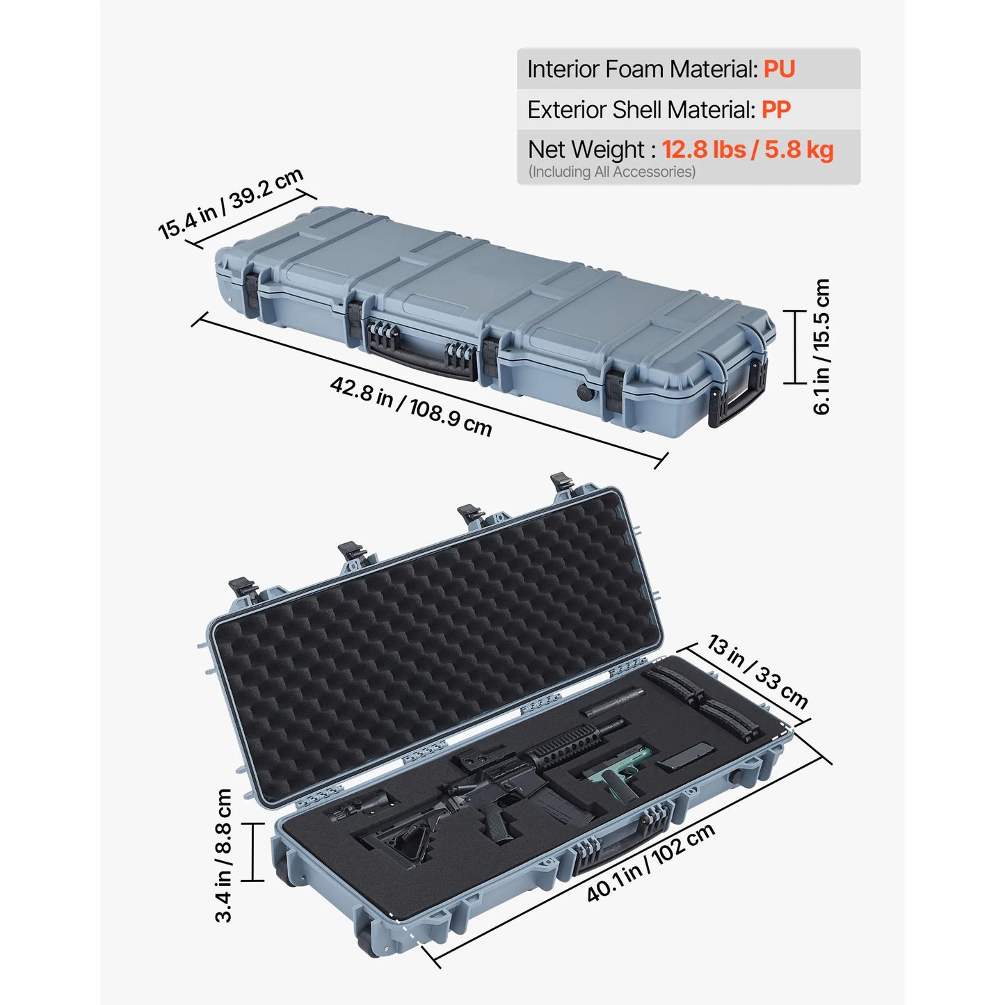 SucceBuy Hard Rifle Case Lockable Rifle Case w/ Pre-cut Foams & Wheels IP67 Waterproof Pistol Storage Cases for Rifles Shotguns