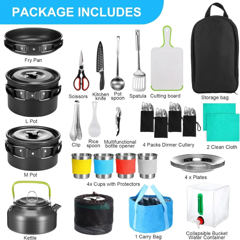 42 Pcs Camping Cookware Mess Kit, Non Stick Lightweight Pots Pan Kettle, Collapsible Water Container and Bucket, Stainless Steel Cups Plates Forks Knives Spoons for Outdoor Backpacking Picnic