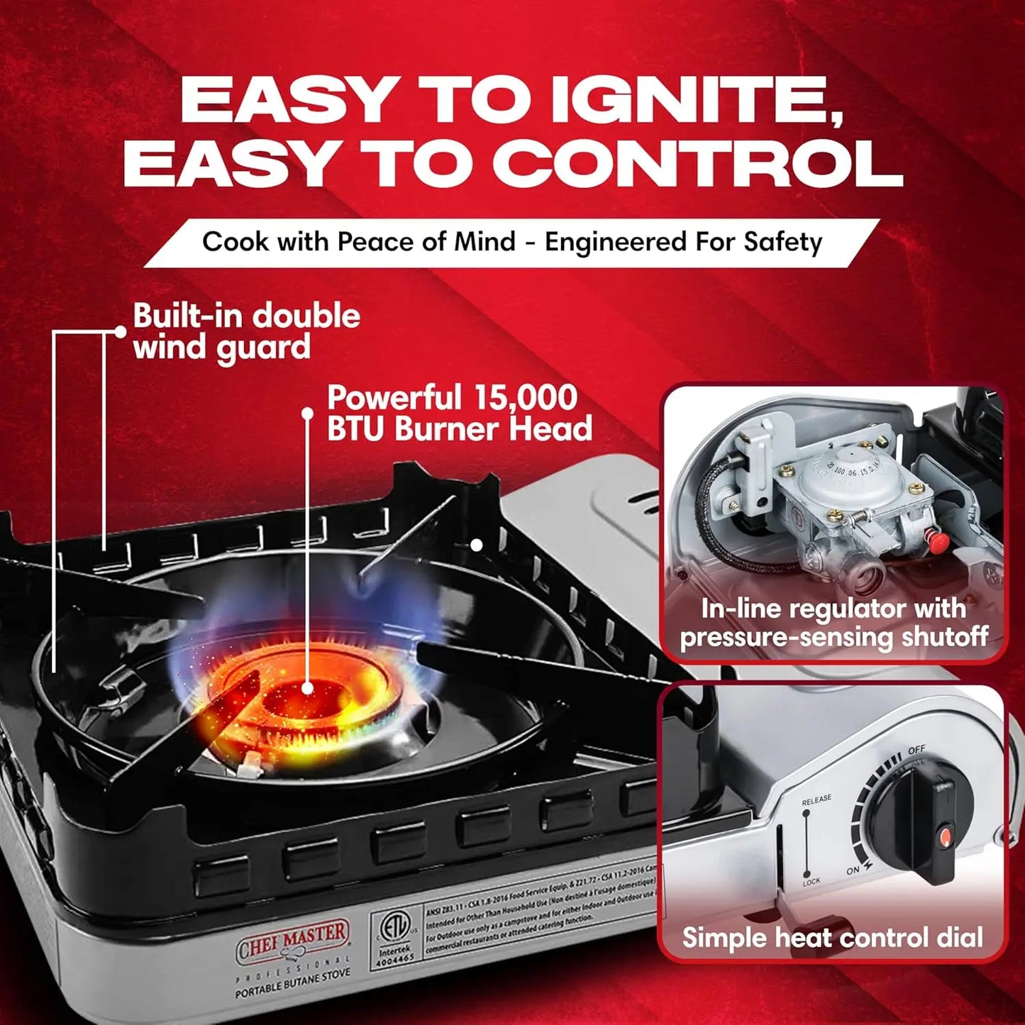 15,000 Butane Portable Camp Stove | Double Wind-Guard Portable Stove Burner w/Piezo Click Ignition