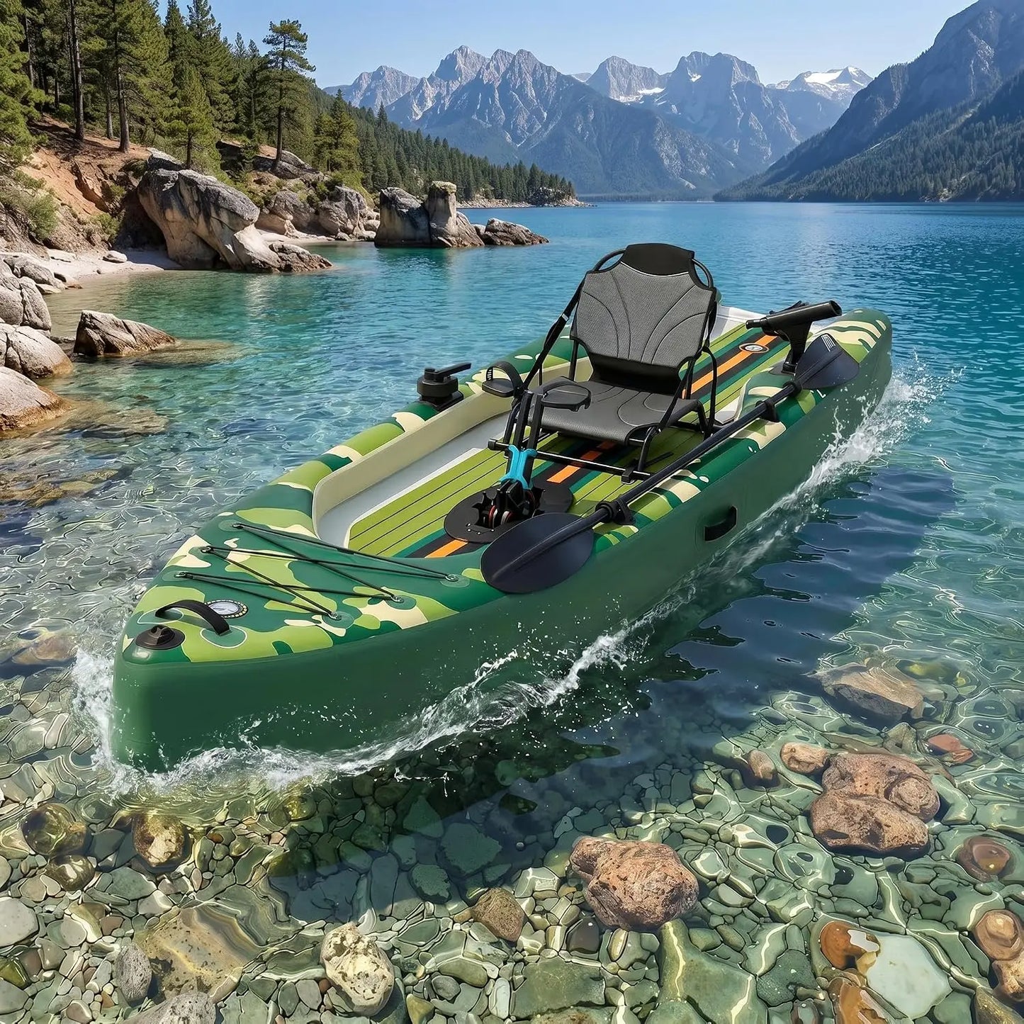 12-Foot Inflatable Fishing Kayak with Pedal System, Premium PVC, Lightweight and Portable, Rudder System, Aluminum Seat, and Included Accessories