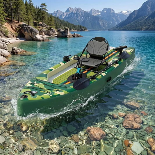 12-Foot Inflatable Fishing Kayak with Pedal System, Premium PVC, Lightweight and Portable, Rudder System, Aluminum Seat, and Included Accessories
