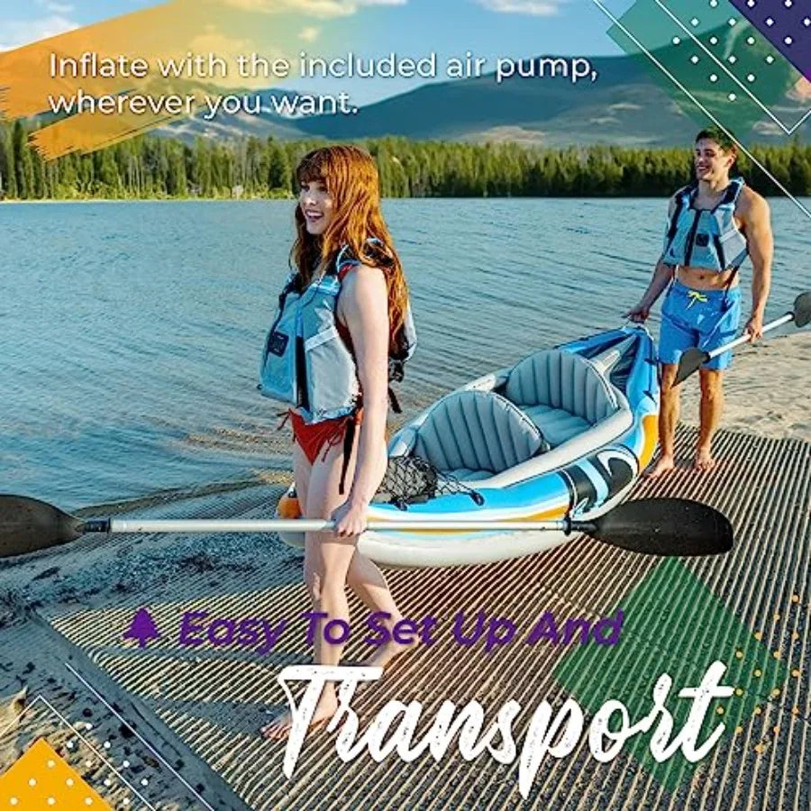 Inflatable Kayak 2 Person for Lakes Rivers, PVC Material, Gray/Blue, Includes Canopy, Aluminum Oars, Air Pump Carry Bag, 400 LB