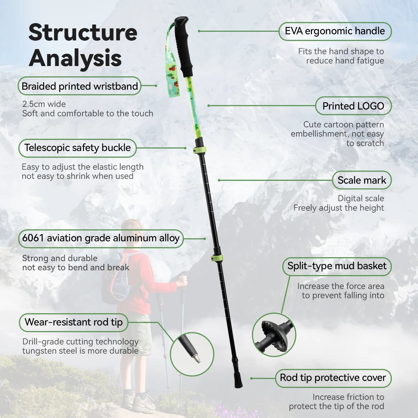 Qunature Kids Hiking Poles Aluminum Alloy Telescopic Outdoor Walking Sticks Children NonSlip Unisex for Mountain Climbing Hiking