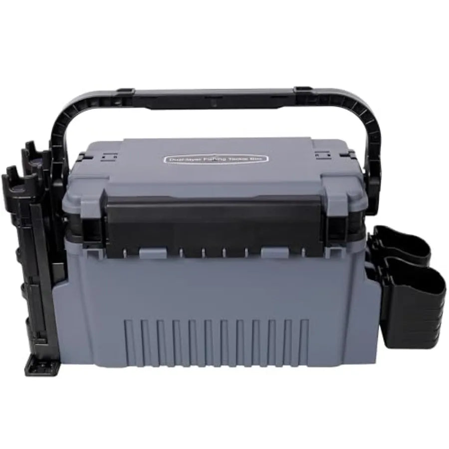 Dual-Layer Fishing Tackle Box Organizer 11L Waterproof Tacklebox for Fishing with Adjustable Compartments, 2 Rod Holders, 2 Cup