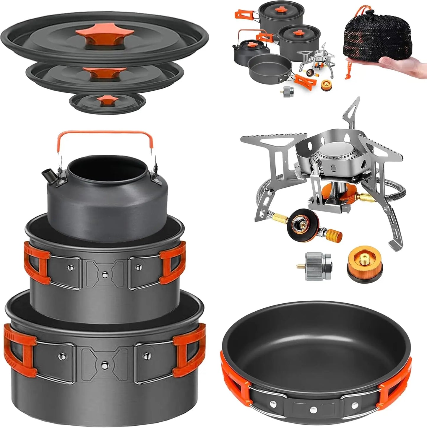 Camping Cookware MKit Set with Stove - Backpacking Camping Pots and Pans Set, All in One Non-Stick