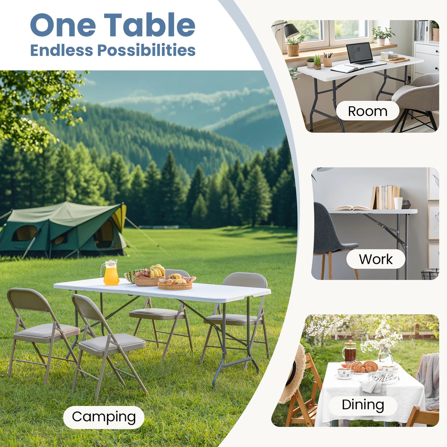 4/6/8 FT Portable Folding Outdoor Indoor Table Heavy Duty Foldable Table with Carrying Handle Safety Lock For Camping Picnic Dining