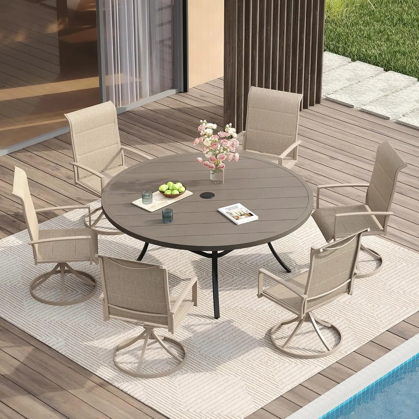 7 Pieces Patio Dining Set for 6-Outdoor Furniture Includes 53" Round Outdoor Table and Swivel Padded Chairs,, Customized