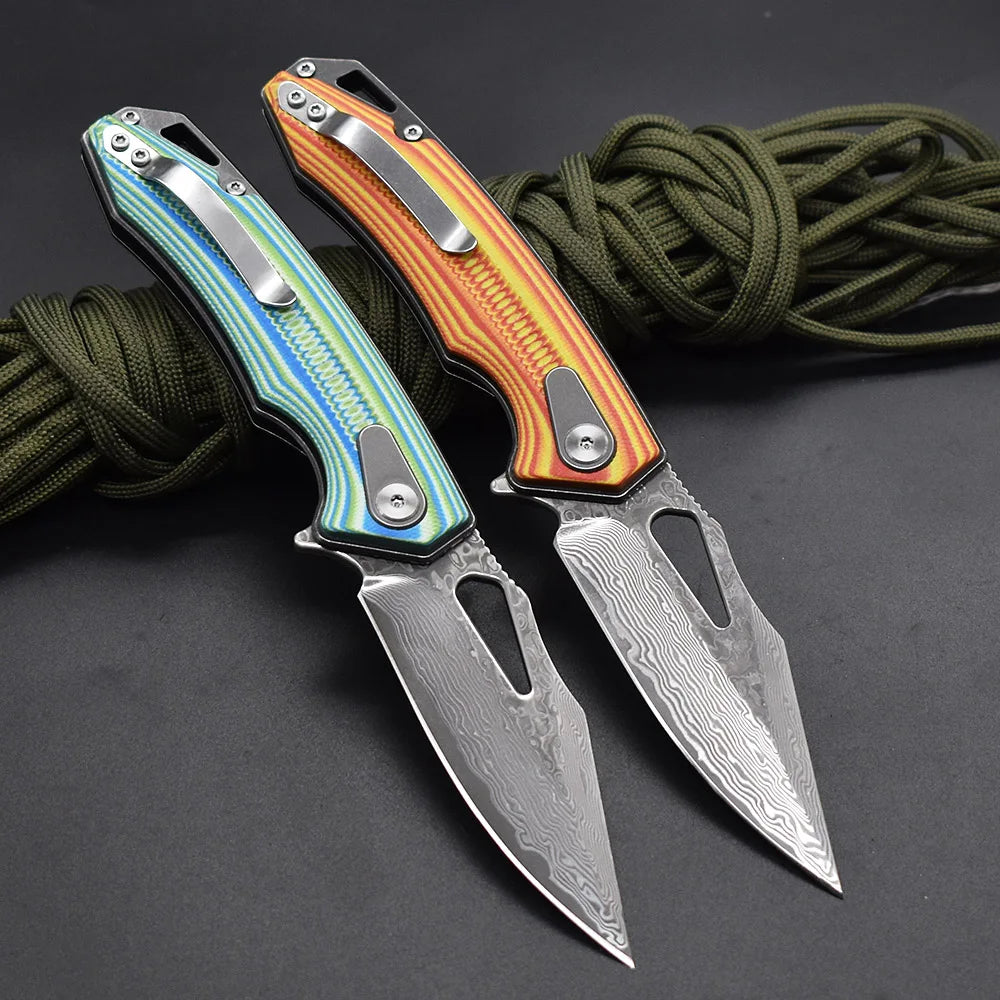 Damascus Steel G10 Handle Folding Knife, Outdoor Pocket Knife,  Ideal for Outdoor Camping and Hiking Tool EDC
