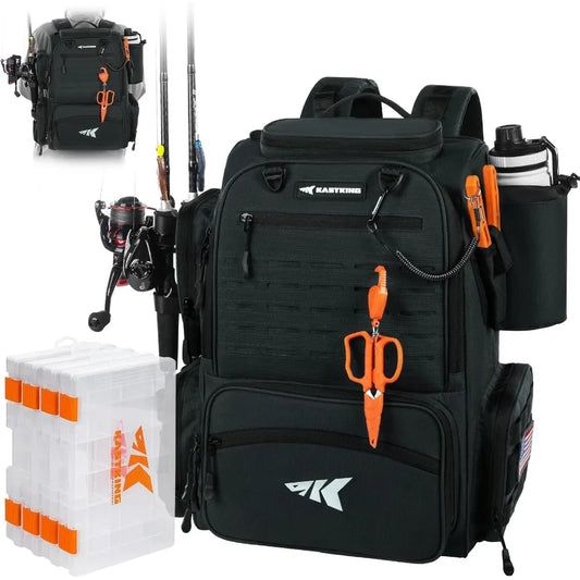Bait Boss Fishing Tackle Backpack with Rod Holders for Anglers 4 Tackle Boxes and Rain Cover Spacious 45 43L Capacity for Large