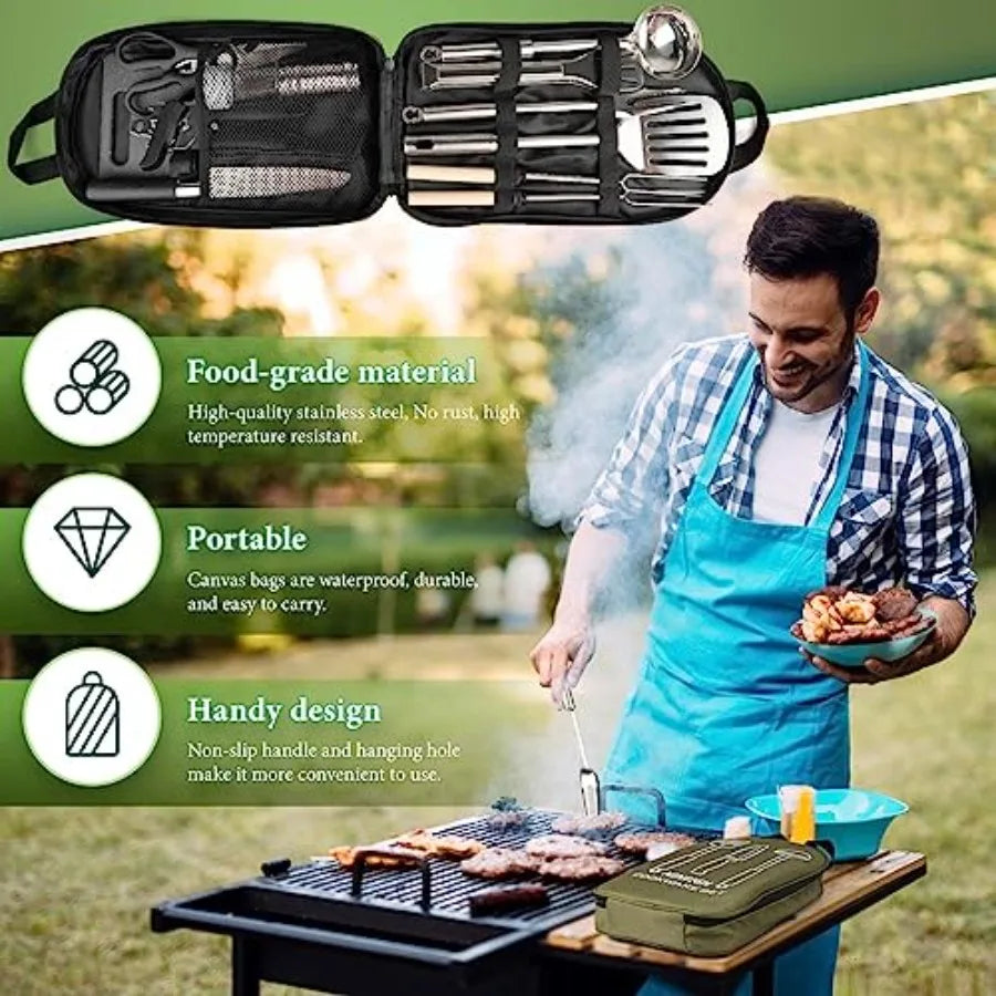 Camping Cooking Utensils Set, Stainl Steel Grill Tools, Camping BBQ Cookware Gear and Equipment for Travel Tenting RV Van Picni