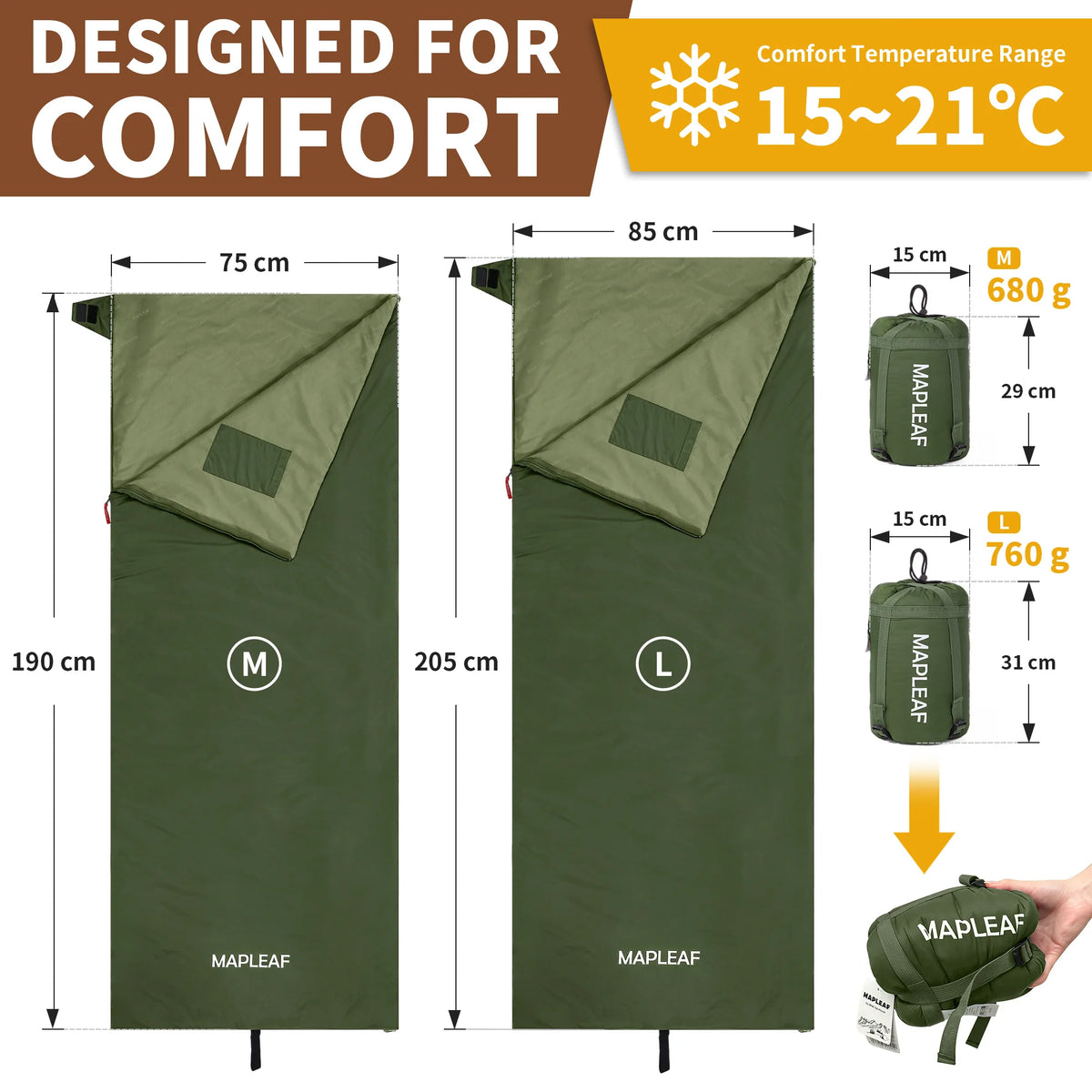 MAPLEAF Portable Sleeping Bag Waterproof Splicable Lightweight Compact Compression Sack Camping Hiking Climbing