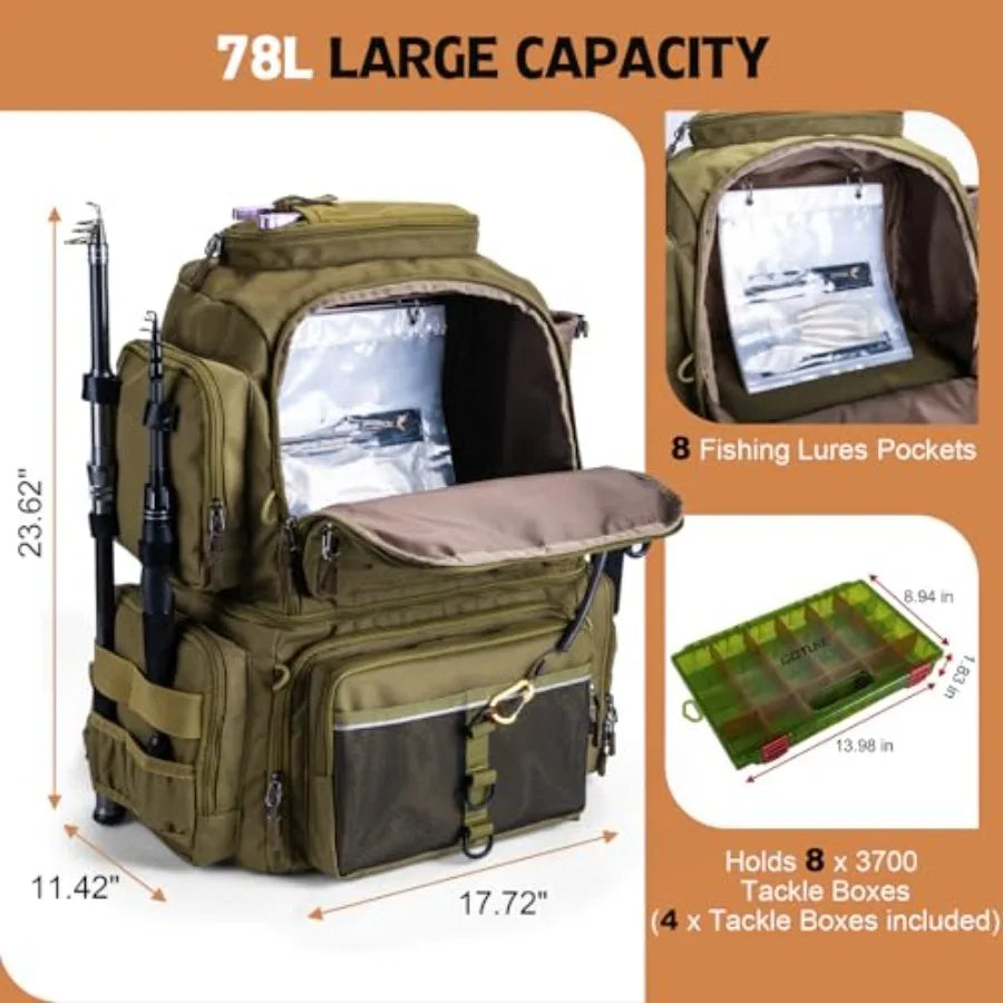 Fishing Backpack with 4 Tackle Boxes, 78L 600D Water-Resistant Tackle Backpack with Cooler, Rod Holders, 8 Lure Pockets, Rain C