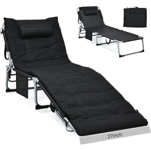27" 3 in 1 Folding Camping Cot with Mattress Headrest Side Pocket & Carry Strap,Portable Adult Sleeping Bed for Lawn Beach Black