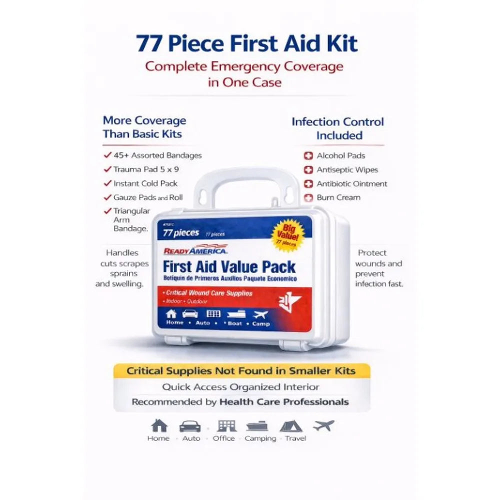 Professional 77 Piece Comprehensive First Aid Kit for Emergency & Survival Situations - Includes Bandages, Gauze, Antiseptic Wipes, Medical Supplies for Home, Car, Workplace, Travel, Outdoor Adventures, Camping, Hiking -