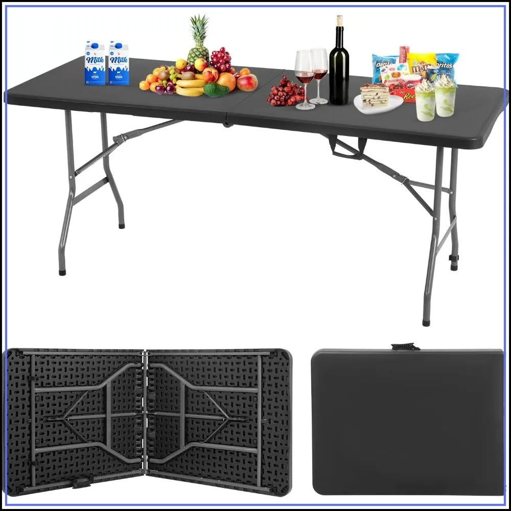 6 FT Folding Camping Table Heavy Duty Plastic Portable Square Dining Table for Picnics Parties Outdoor Black