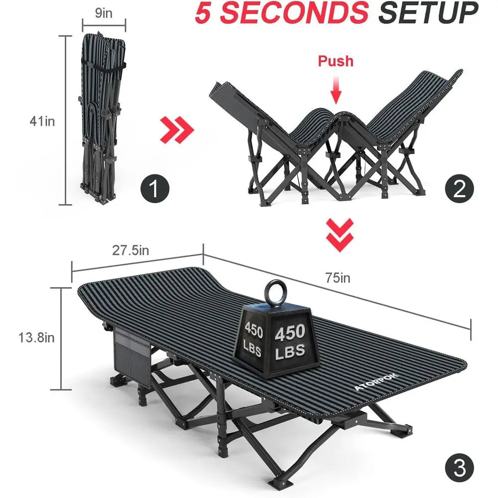 Portable Adult Cot with Cushion Comfort, Tent-Friendly Sliding Bed, Lightweight with Carry Bag, Supports Up to 450 lbs