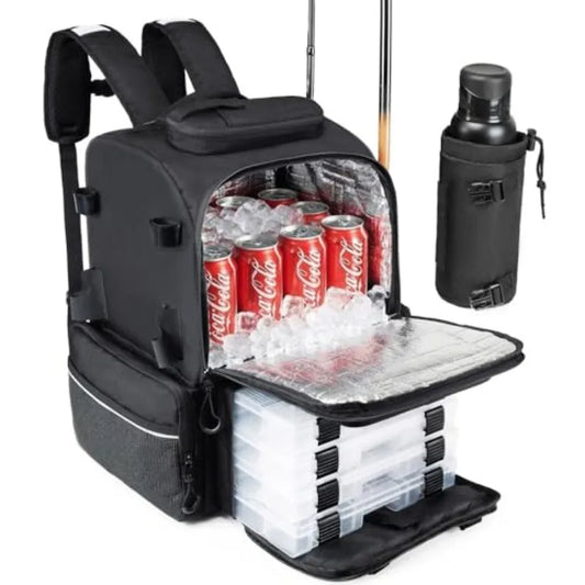 Fishing Backpack 45L with 4 Tackle Boxes Durable Comfortable Fishing Bag Waterproof Insulated Bait Pocket 4 Rod Holders
