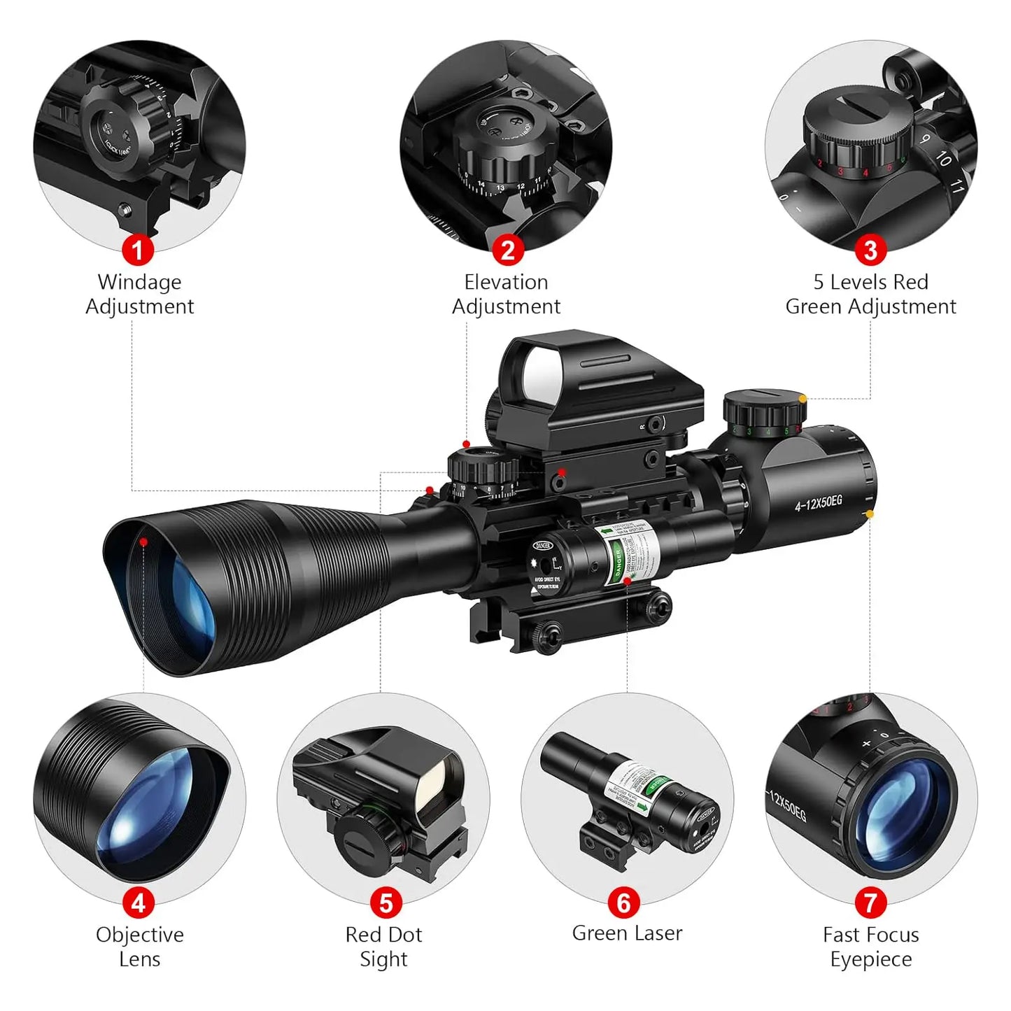 Riflescope Combo 4-12x50EG Dual Illuminated Optics & IIIA/2MW Laser Sight & 4 Holographic Reticle Green Dot Sight & 2