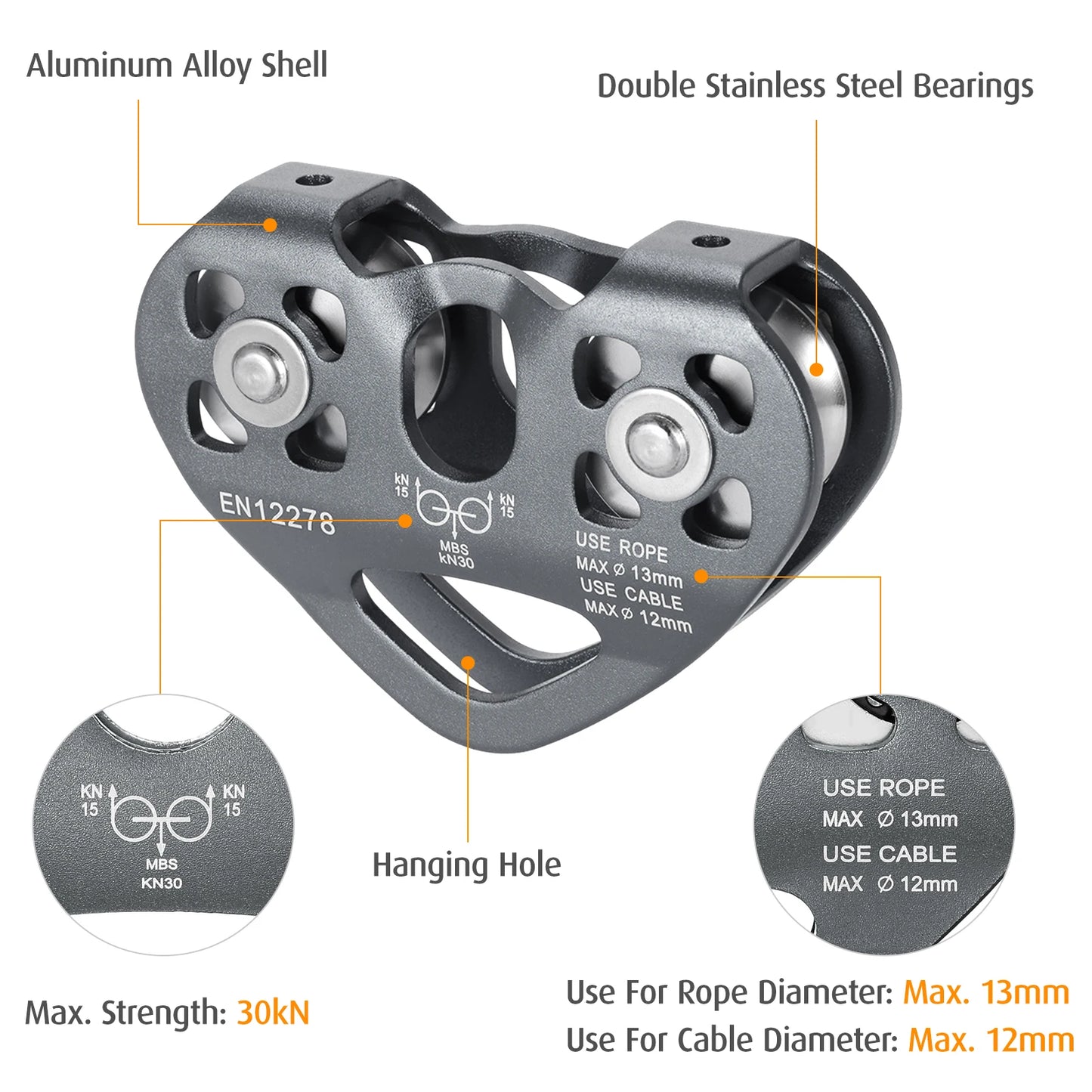 Ball Bearing Pulley Lixada 30kN Cable Trolley Pulley with Ball Bearing Climbing Caving Aloft Work