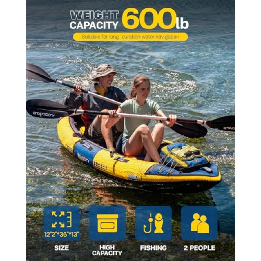 Inflatable Sit-on-Top Tandem Kayak for lake and coastal exploration, PVC material, gray-blue color, ultra-stable 12'2×36×13, 60