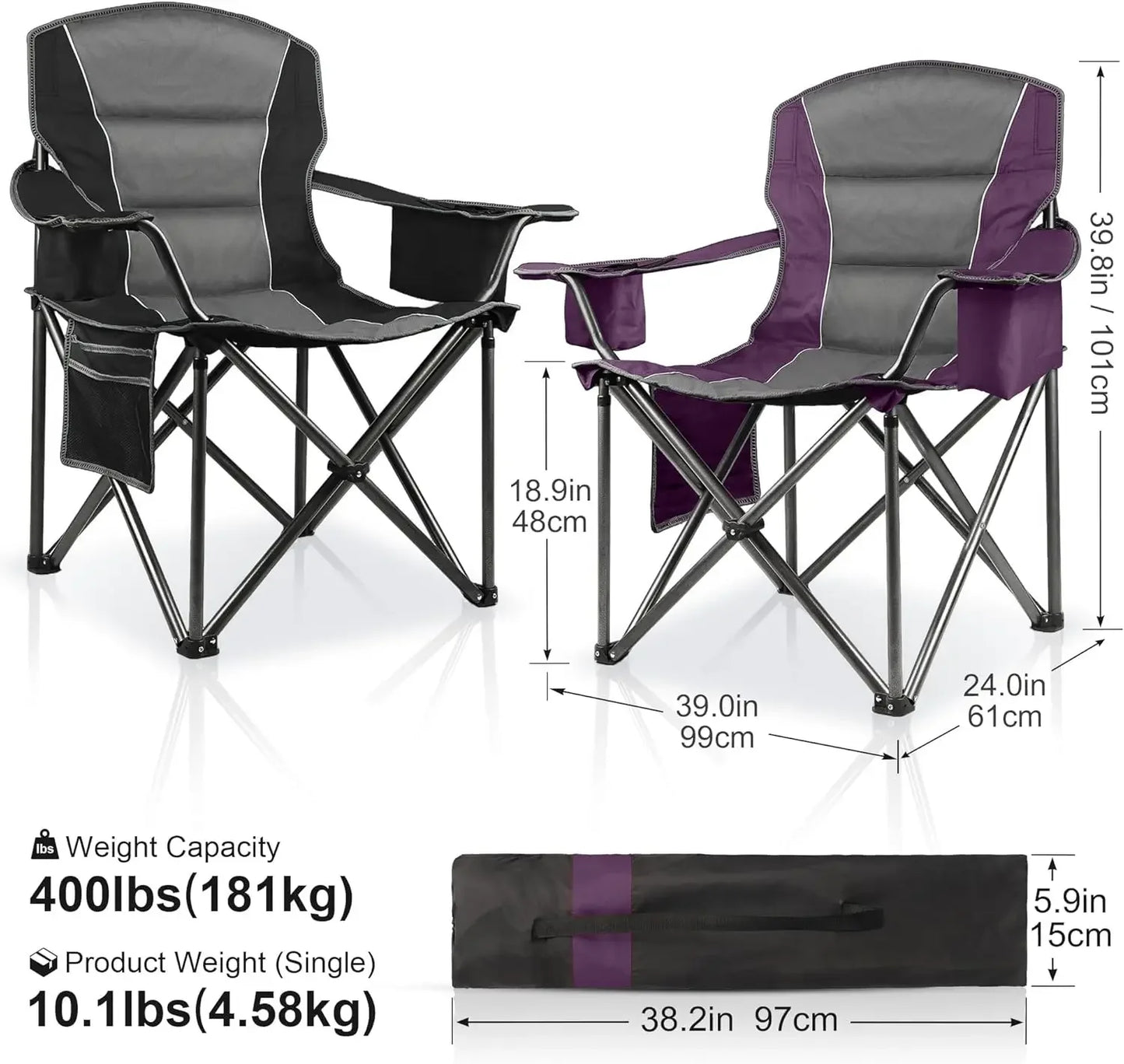 2 Pack Padded Oversized Camping Chairs for Adults,Heavy Duty Support 400 Lbs,Folding Portable Lawn Chair w/Cup Holder,Cooler Bag