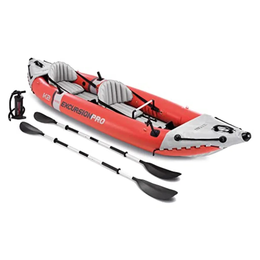 Excursion Pro inflatable kayak set for outdoor water adventures: SuperTough PVC, gray/black, 2-person capacity, 400lb weight li