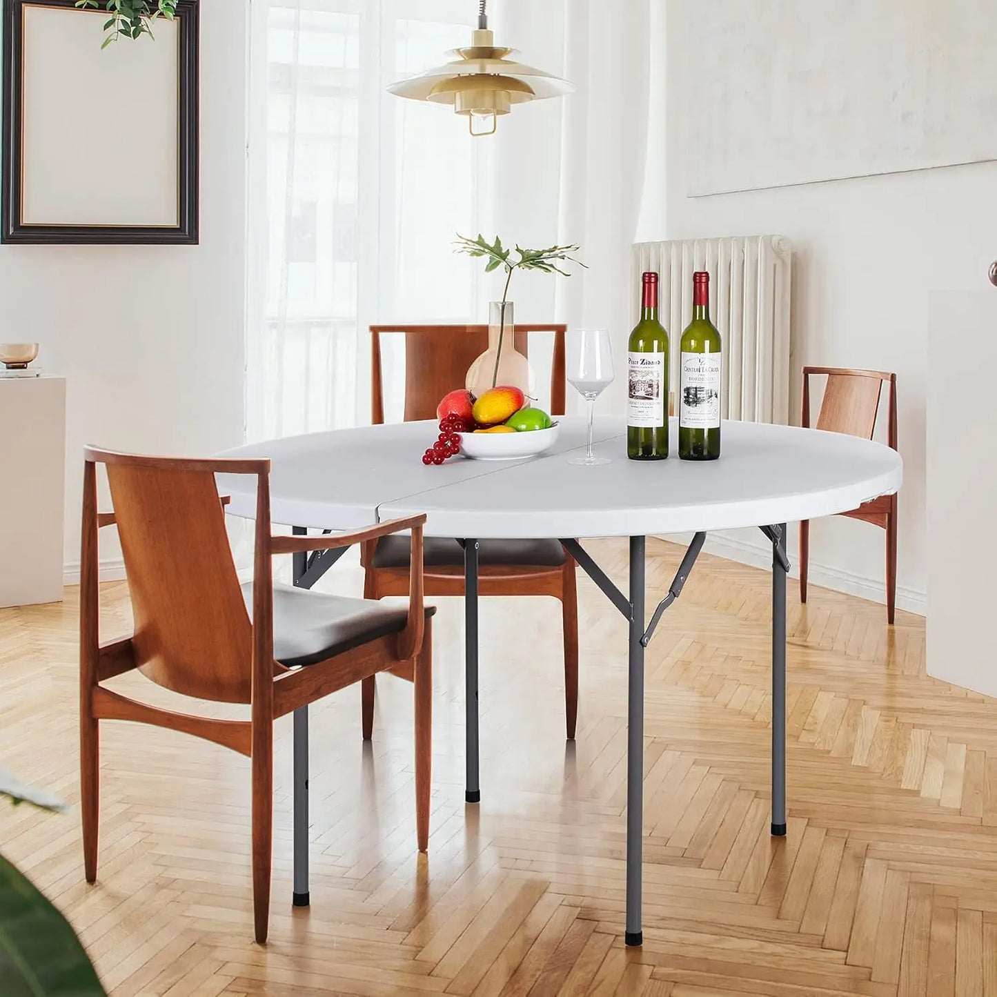 Round Folding Table 48" Portable Plastic Dining Card Table for Camping Party Indoor Outdoor White