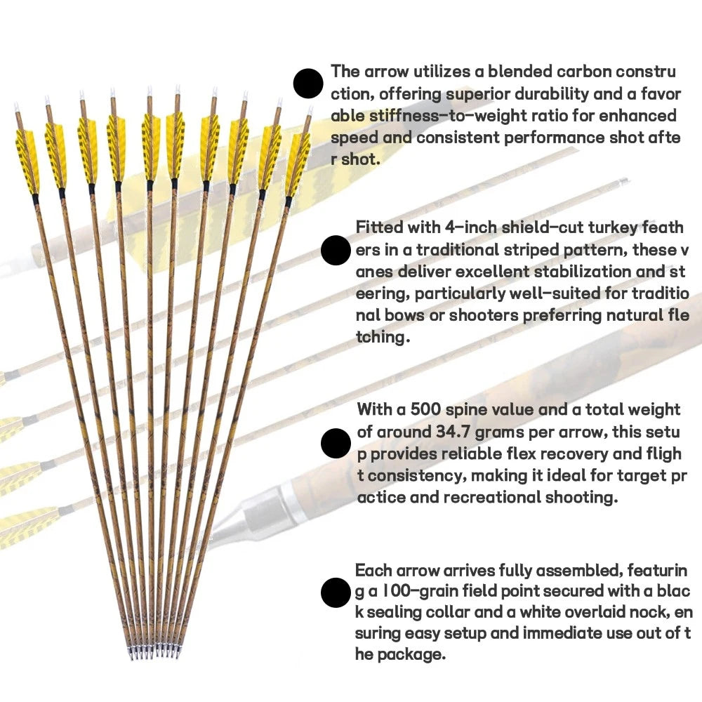 Spine 500 Carbon Arrows 31.5" Camo Color ID6.2mm Arrow Shaft 100 grain Arrowhead for Bow Hunting Shooting Target 6/12pcs