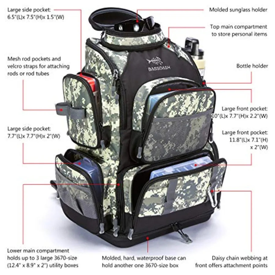 Fishing Tackle Backpack Water Resistant Tactical Bag Soft Tackle Box with Rod Holder and Protective Rain Cover