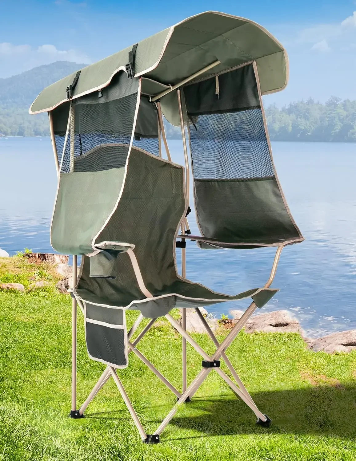 Folding Camping Chair with Shade Canopy for Adults, Canopy Chair for Outdoors Sports with Cup Holder, Side Pocket for Camp, Beac