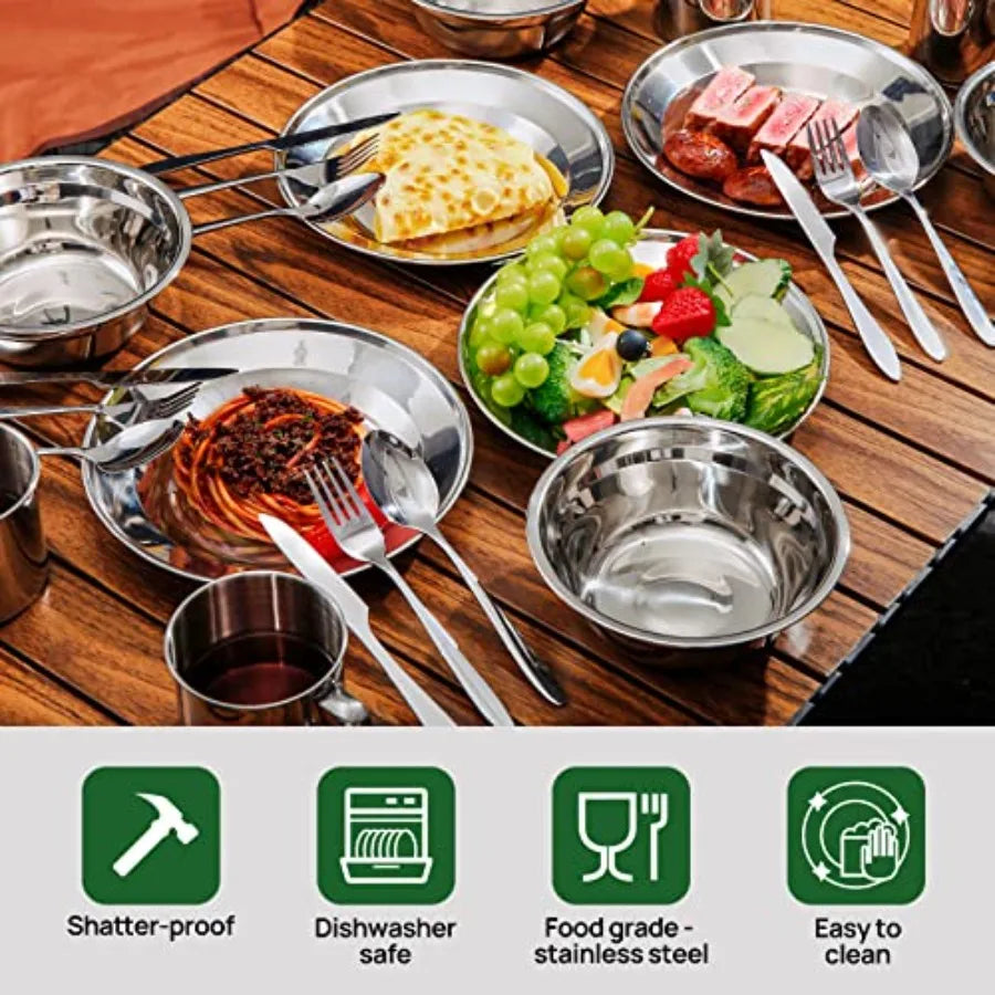 29pcs Stainl Steel Utensils Camping M Kits with Bowls Plates Cups Forks Spoons and Knives for 4, Camping Cutlery Set for Backpa