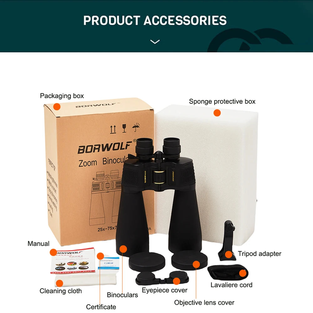 BORWOLF Large Objective lens 25-75X70 Binoculars  FMC Optical  High Power Hunting Birdwatching Telescope