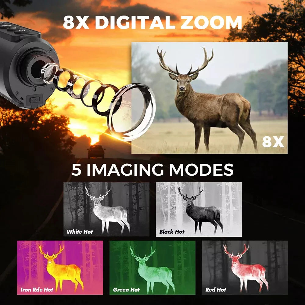 GTGUARD Ai15 1-8X Digital Zoom Thermal Monocular 1500m Long Range AI Enhanced 384×288 10hrs Battery IP66 for Coyote Hog Hunting With Video Rec WiFi PIP