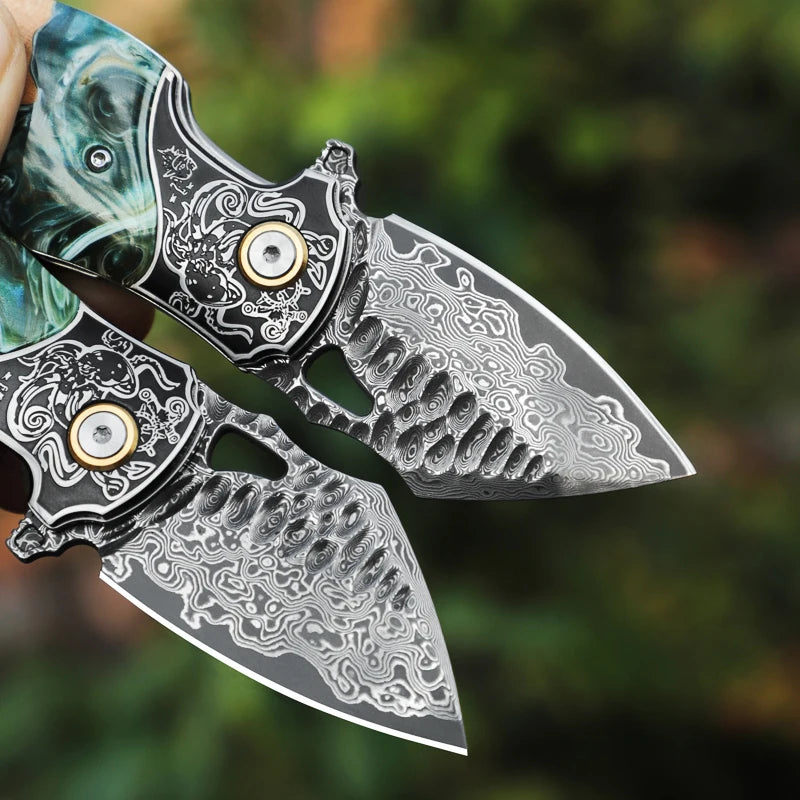 Damascus Steel Folding Pocket Knife, Unisex EDC Knife with Leather Sheath, Ideal for Camping, Exploration, and Survival Use